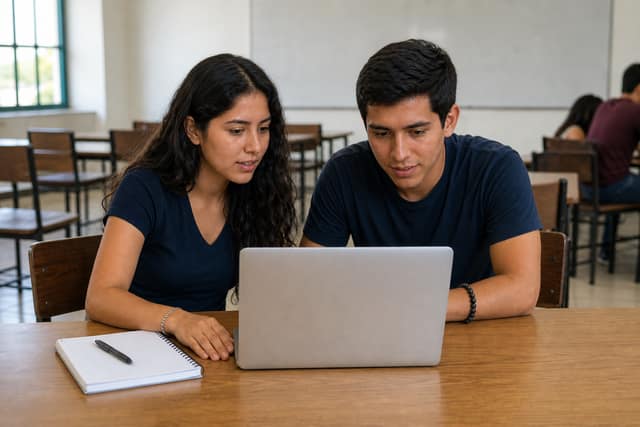 Dos estudiantes practicando juntos frente a una laptop