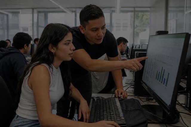 Estudiantes mexicanas trabajando Excel en laboratorio de cómputo