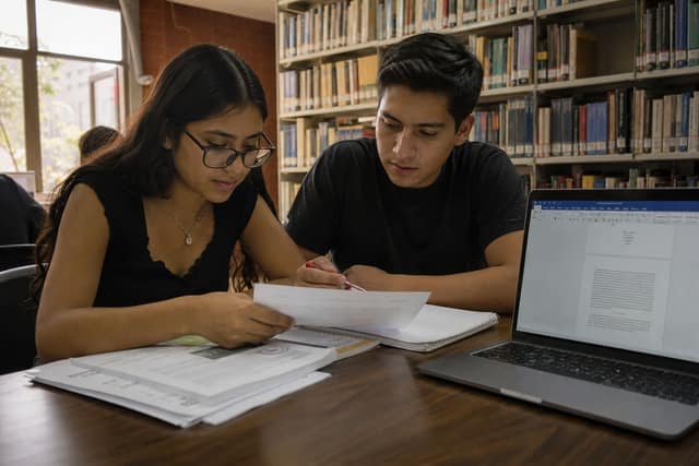 Estudiantes mexicanos revisando un documento de Word en biblioteca